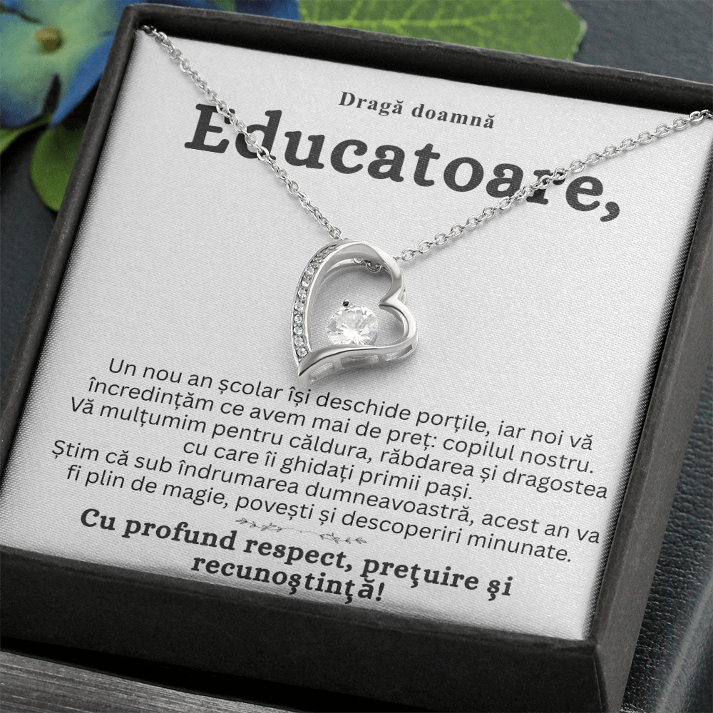 Cadou pentru Doamna Educatoare -Lănțișor „Inimă de Dascăl” cu Felicitare Mesaj