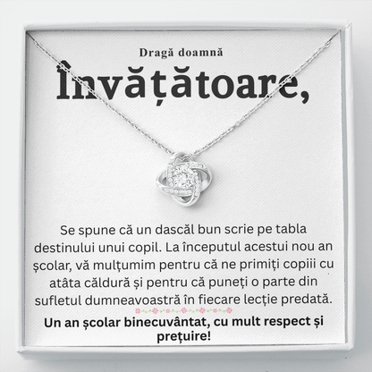 Cadou pentru doamna Învățătoare -  Colier  Nod de Iubire cu Felicitare Mesaj